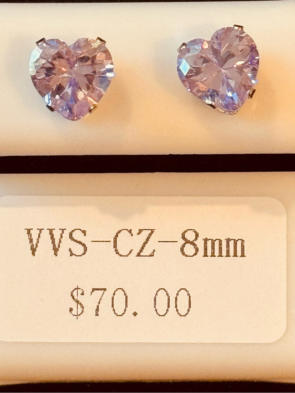 Heart-Shaped Light Purple VVS Cubic Zirconia Stud Earrings - 8mm NWT